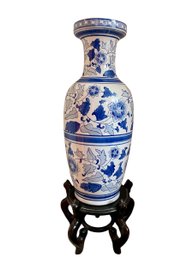 Bombay Asian Blue & White Vase On Wooden Stand