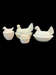 Just A Bunch Of Hens!-3 Milk Glass, 1 By Avon And 1 Ceramic