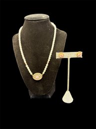 1928 Gold Tone Beaded Neclace And Earrings