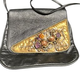 Nilson's Embellished Leather Hand Bag With Lapis, Citrine And Quarts On Brass