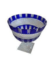 Bohemian Czech Cut To Clear Cobalt Crystal Footed Dish