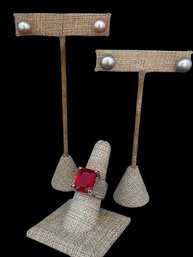 2 Pairs Of Real Pearl Earrings And A Size 8 Silvertone Statement Cocktail Ring