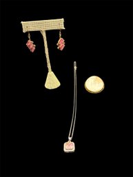 Sterling Chain And Pendant W Pink Tourmaline, Cameo Pin & Earrings W Pink Stones