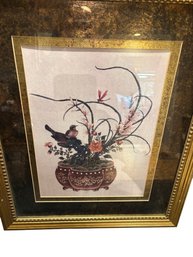 Chinese Print Birds And Brown Vase With Dragon Fly