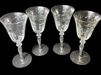 Libbey Rock Sharpe Etched Floral Crystal Glass 4pc