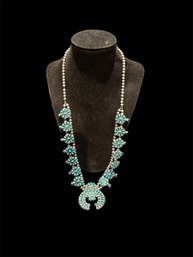Sterling  And Turquoise Squash Blossom Native American Necklace