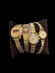 4 Gold Tone Stretch Band Watches-includes 1 Benrus 10k RGP