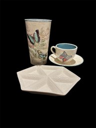 Metal Vase, Divided Dish And Decorative Mug And Dish By J.W In Marblehead