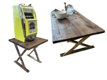Rustic Wood Top Coffee Table And Matching Side Table (slot Machine Or Bowls Etc. Not Included) Metal X Base