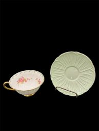 Shelley Oleander Bone China Green & Pink Floral Cup & Saucer