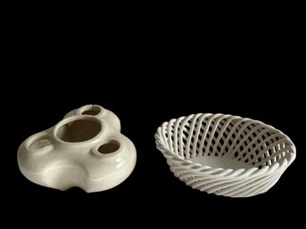 USA Pottery Crackle Ceramic Vase/frog, Basket Weave Ceramic Planter