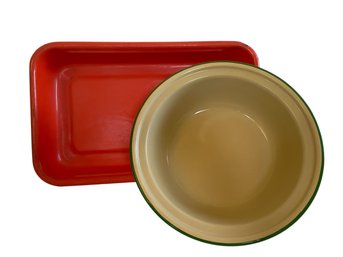 Orange Enamel Tray & Tan W/green Rim Basin