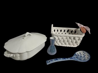 Grace Pantry Basket, Waterloo Potteries Casserole, Ceramic Soup Spoon, Bud Vase