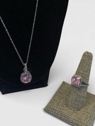 Sterling Silver Ring, Stainless Steel Pink Gemstone Necklace