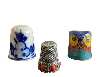 Cloisonne Owl, Silver & Coral And Delft Ceramic Thimble
