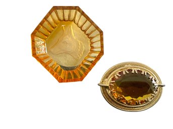 Gold Tone Faceted Glass Brooch, Amber Glass Trinket Dish MCM