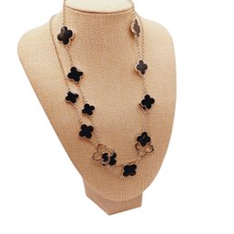 Silvertone & Black Enamel Alhambra Style Clover Necklace