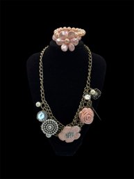 Fun Statement Necklace, 21 Adjustable And 1 Pink Beaded Stretchy Bracelet