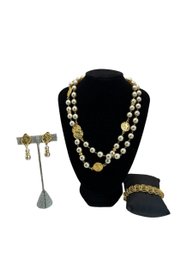 Pearl Like And Gold Tone Coin Necklace-40 W/matching Clip On Earrings And 1 Napier Gold Tone Bracelet