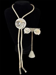 Costume 17bolo Tie Necklace And Earrings Signed By Artisan