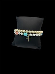 2 Pearl Like Bracelets-the One With The Evil Eye And Cross Has A Sterling Clasp