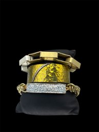 3 Bracelets-includes 1 Hammered Gold Tone, 1 Silver And Gold Tone Box Link And 1 Braided Gold Tone With Silver