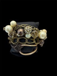 Stretchy Piano Wire Bracelet, Large Statement Bracelet,  Leather Like And Copper Tone Magnetic Closure