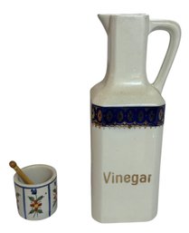 German Blue & White Ceramic Vinegar Jug & French Mustard Jar (K)