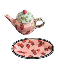 Droll Ceramic Large Teapot And Small Platter With Strawberry Motif. (L)