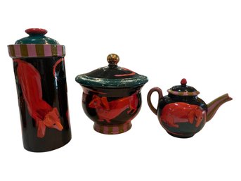 Droll Designs Set Of 3 Ceramic Vessels Dipicting A Dachsund Dog. (D)