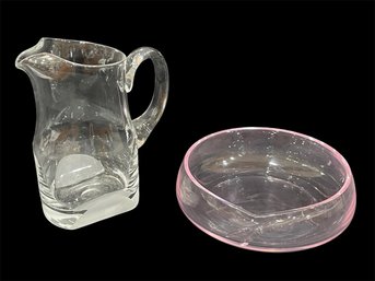 Pink Glass Bowl, Frosted Base Glass Pitcher (K)