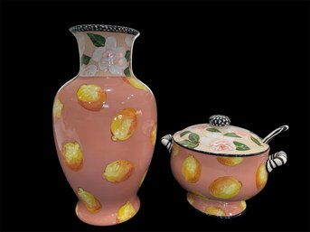 Droll Design Lemon Motif  Vase & Soup Tureen/spoon (K)