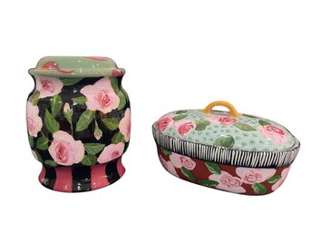 Droll Designs Rose Motif Cookie Jar & Covered Casserole (K)