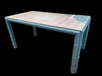 Beautiful Blue Bamboo Style Hand Painted Table With Plaid Pink Top (B)