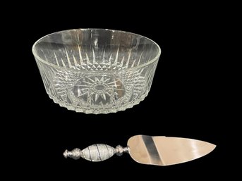 Cut Glass Bowl & Murano Style Glass Handle Cake Knife   (LR)