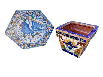Frantoni For Vietri Signed Wall Plaque & Ceramic Mexican Planter