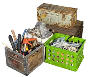 Three Bins Of Miscellaneous Tools, & Two Metal Trunks (B)
