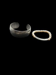 1 Pewter Cuff Braceletby Marcissus And 1 Stretchy Pearl Like Bracelet (BR2)