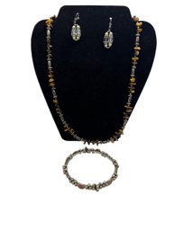 1-granulated Silver Berber Bracelet, 1 Silver Tone And Tigers Eye Necklace, 1 Glass And Crystal Drop Earrings