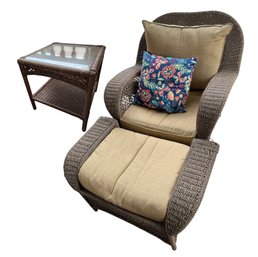 Wicker Chair, Ottoman, & Side Table With Sunbrella Cushions A *Alternate Pickup Salem*