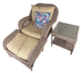 Wicker Chair, Ottoman, & Side Table With Sunbrella Cushions B *Alternate Pickup Salem*