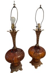 2 Large Mid Century Amber Glass And Metal Lamps 34 X 11 D