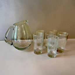 Glass Pitcher & Six Etched Glasses (K)