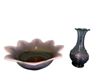 Pink & Purple Glass Dish & Purple Floral Relief Vase (lr)