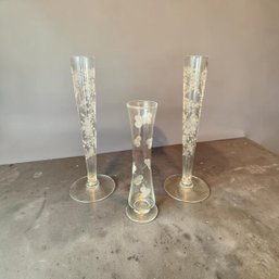 Three Etched Glass Bud Vases (k)