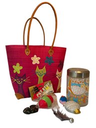 Cat Motif Leather & Rattan Bag, Cat Toys & Jar (dr)