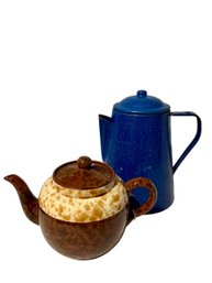 Price & Kensington Ceramic Teapot & Blue Enamel Metal Teapot