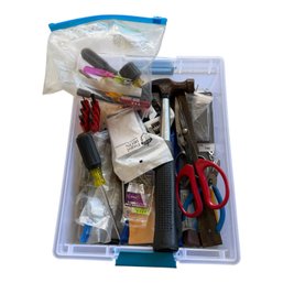 Small Plastic Bin Full Of Hand Tools & Fasteners (G)