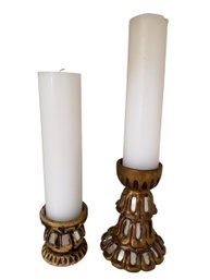 Gold Tone Painted Wooden Candlestick Holders (K)