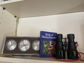 Vtg Barometer & Binoculars & Bird Book
